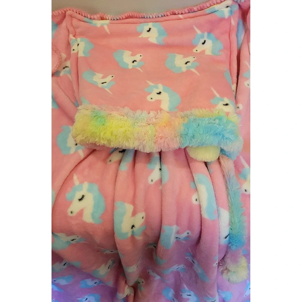 Justice Unicorn Blanket in a Bag Rainbow Tie Dye Plush Throw Pink Fleece Large